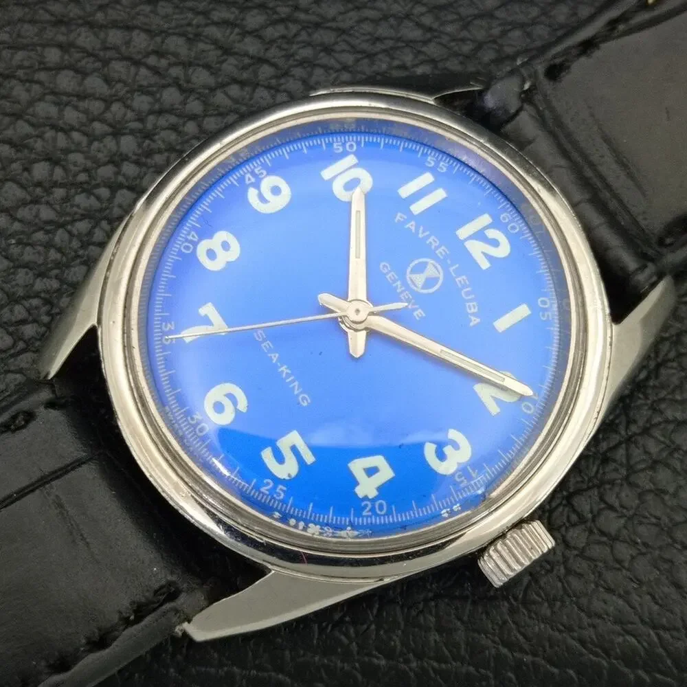 Vintage 1987 Favre Leuba Manual Mens Silver Watch W/Black Leather Strap